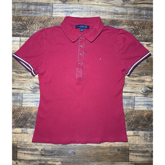 Tommy Hilfiger Red Women’s M Short Sleeve Polo, Navy & White‎ Trim, Gold Buttons - Picture 1 of 5